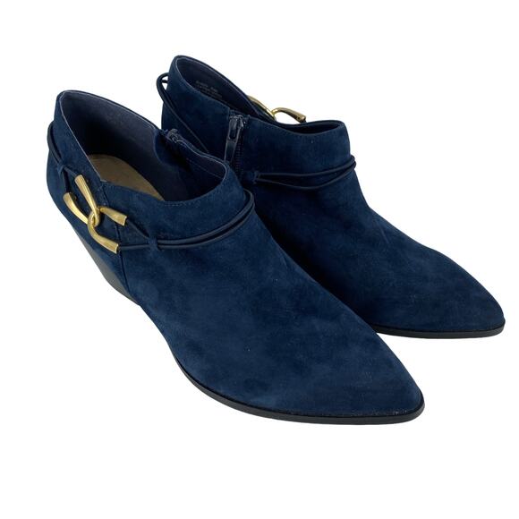 Blue Suede Bootie 8.5 M BELLA VITA Gold Accent Heel Ankle Boot Shootie Western - Picture 5 of 16